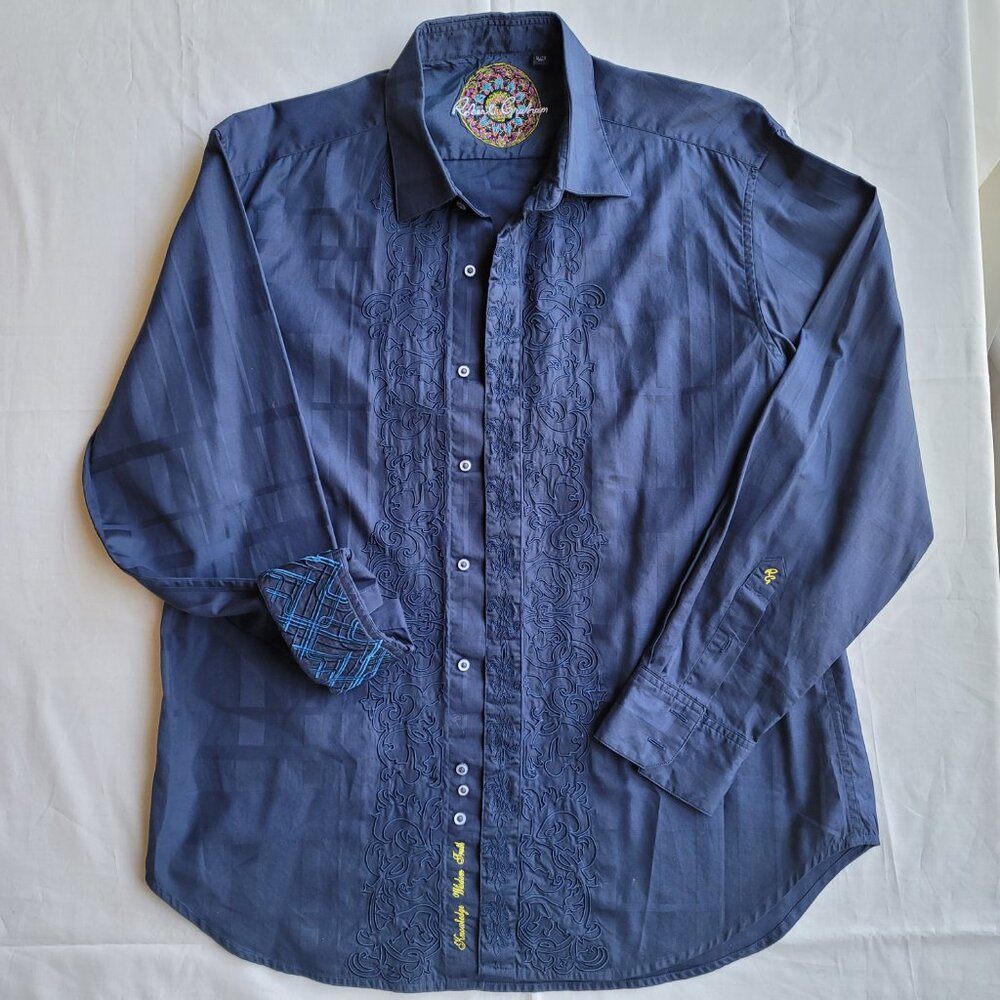 Robert Graham Men's Cotton Navy Flip Cuff Embroidered Long Sleeve Shirt Sz XL
